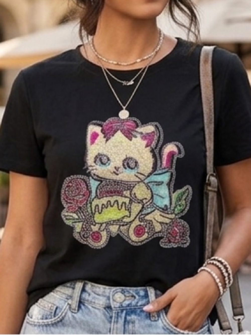 Rhinestone Kitten & Rose Graphic Feminina Moda Black Tee L/XL Coquette Kawaii